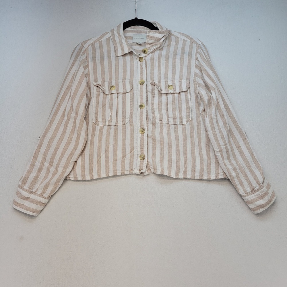 American Eagle‎ Button Down Womens Small Tan Striped Linen Blend Cropped Shirt